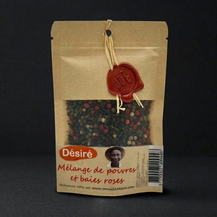 Mélange de Poivre Noir, Poivre Sauvage, Poivre Blanc et Baies Roses (sachet 50g)