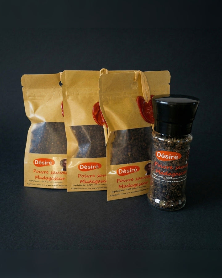 Poivre sauvage de Madagascar (3 sachets de 50g + moulin rechargeable 50g)