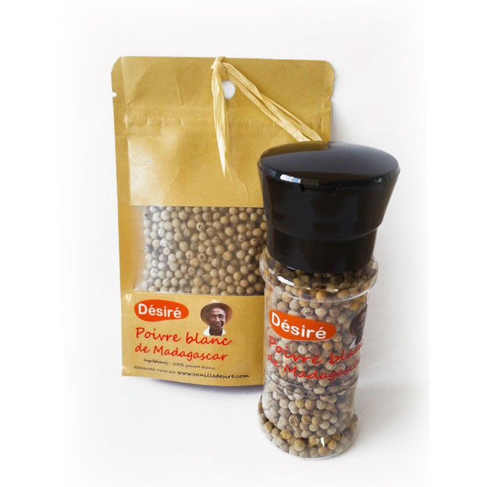 Poivre blanc (sachet 50 g + moulin à épices rechargeable 50 g )