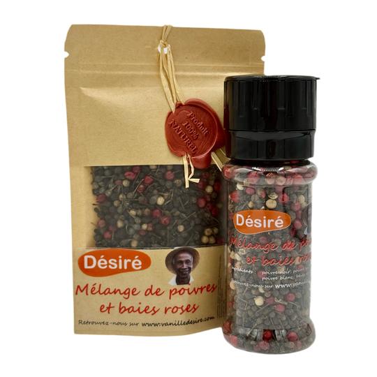 Mélange de Poivre Noir, Poivre Sauvage, Poivre Blanc et Baies Roses (sachet 50g + moulin rechargeable 50g)