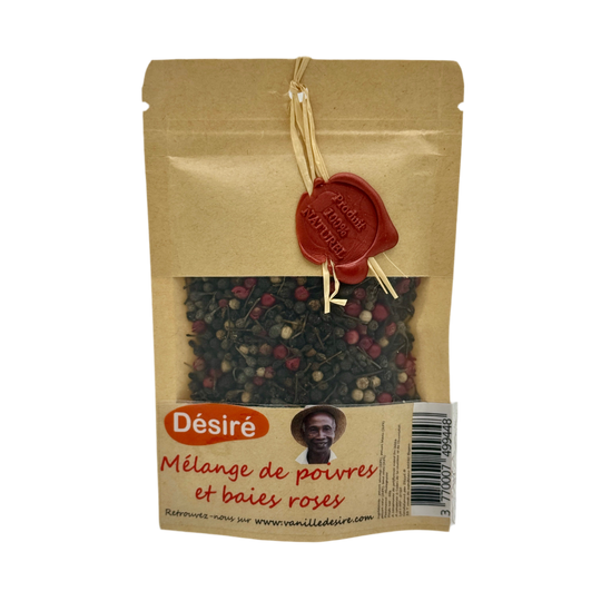 Mélange de Poivre Noir, Poivre Sauvage, Poivre Blanc et Baies Roses  (sachet 50g)