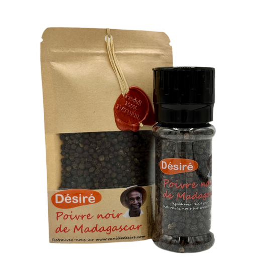 Poivre noir de Madagascar (sachet 50g + moulin à épices rechargeable 50g)