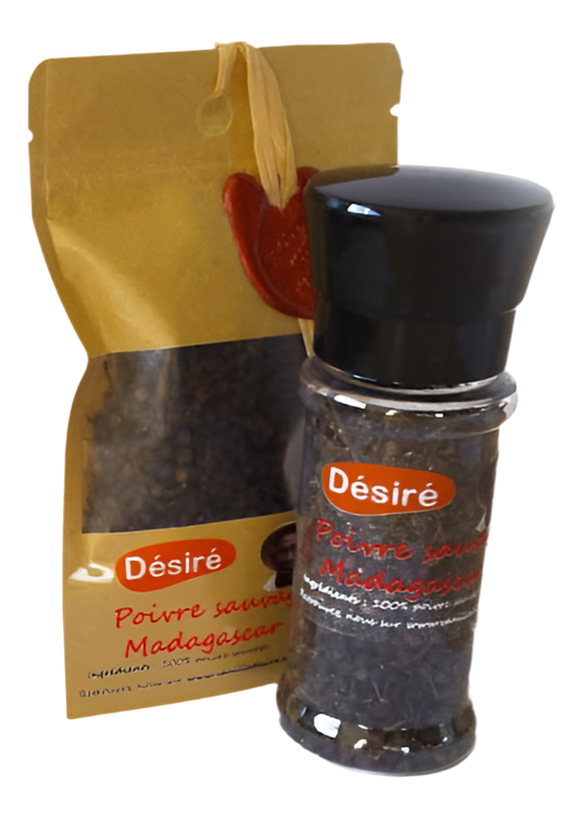Poivre sauvage de Madagascar (sachet 50g + moulin à épices rechargeable 50g )