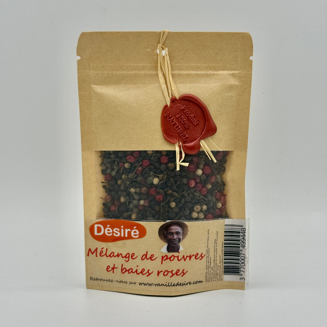 Mélange de Poivre Noir, Poivre Sauvage, Poivre Blanc et Baies Roses  (sachet 50g)