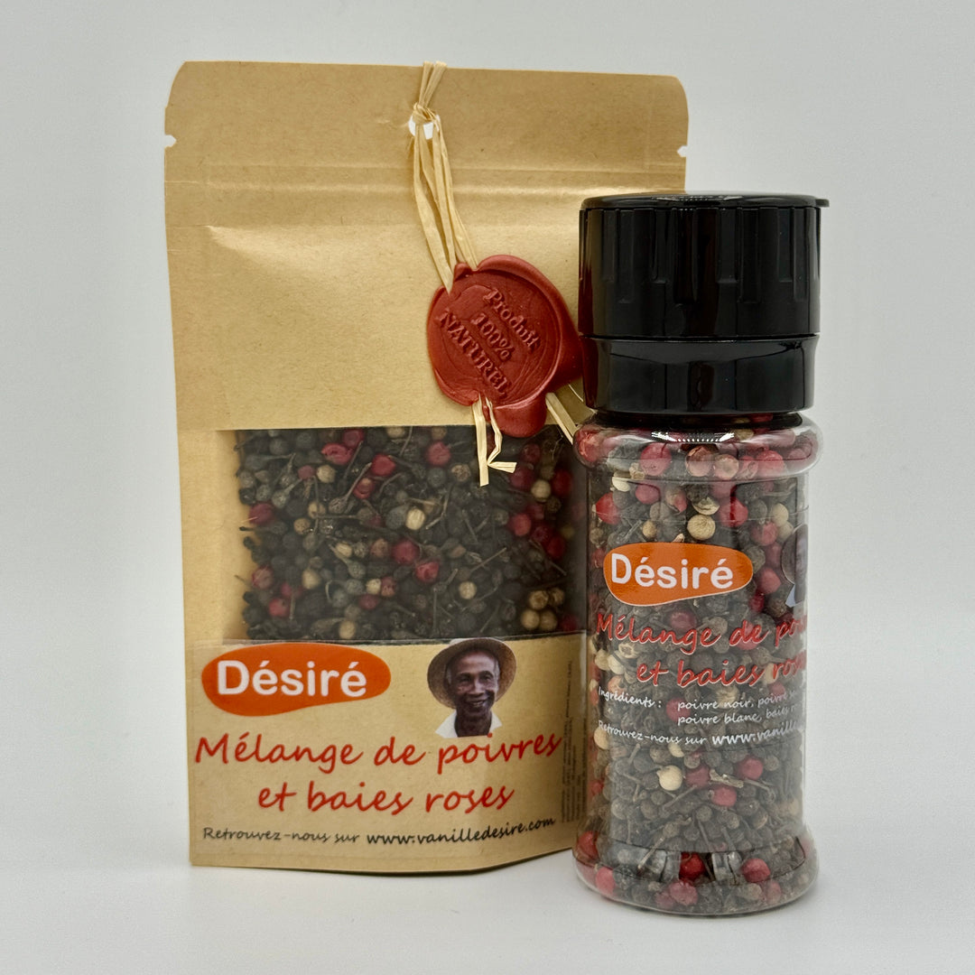 Mélange de Poivre Noir, Poivre Sauvage, Poivre Blanc et Baies Roses (sachet 50g + moulin rechargeable 50g)