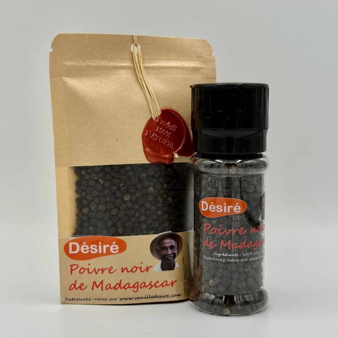 Poivre noir de Madagascar (sachet 50g + moulin à épices rechargeable 50g)