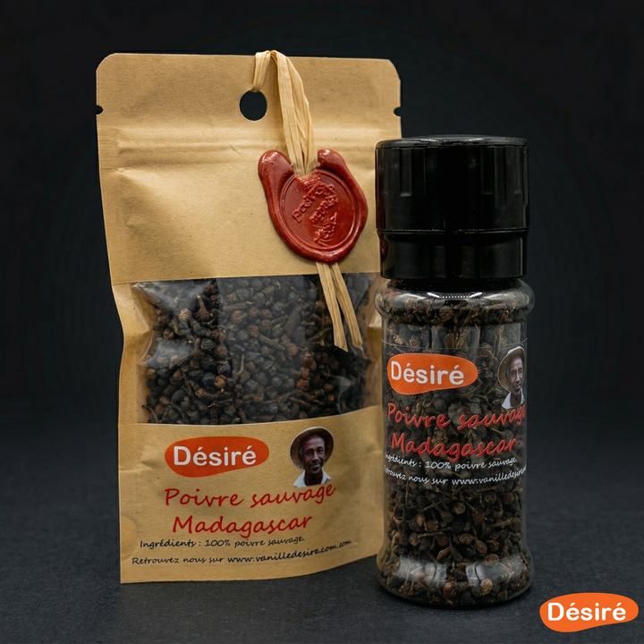 Poivre sauvage de Madagascar (sachet 50g + moulin rechargeable 50g)