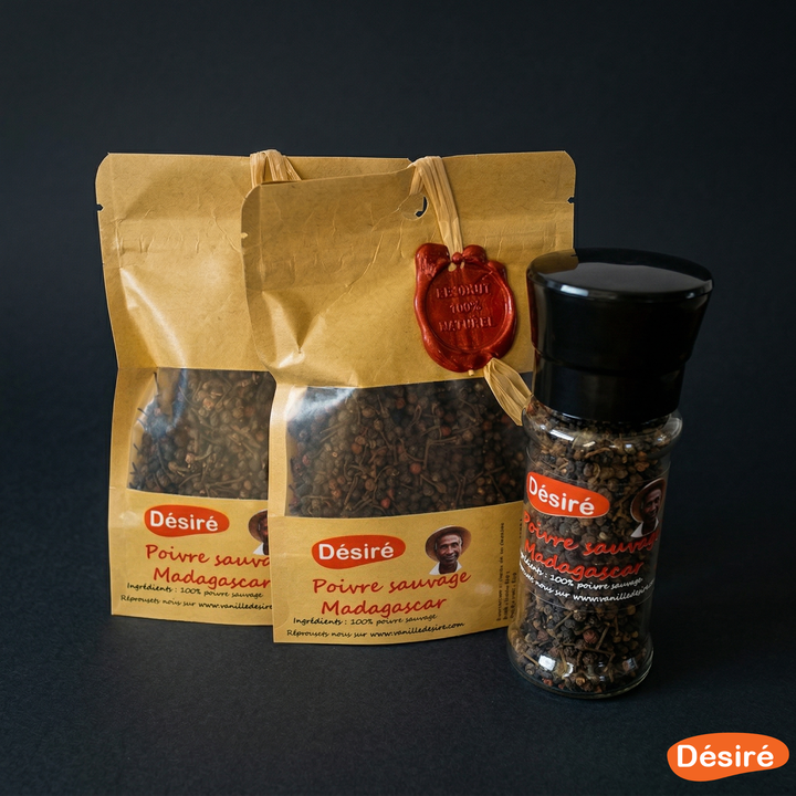 Poivre sauvage de Madagascar (2 sachets de 50g + moulin rechargeable 50g)