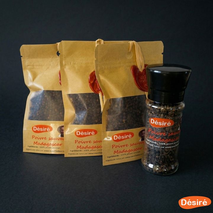 Poivre sauvage de Madagascar (3 sachets de 50g + moulin rechargeable 50g)