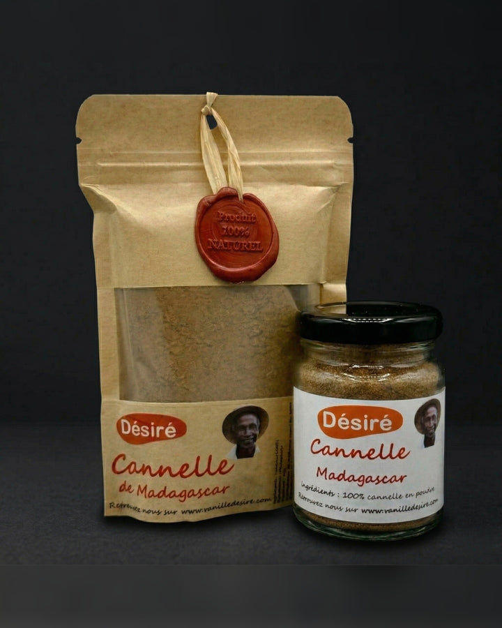 Cannelle de Madagascar en poudre : sachet kraft 40 g et pot 40 g