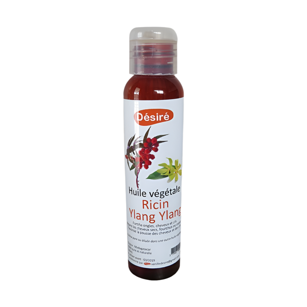 Bouteille d'huile vegetale de ricin et ylang-ylang Desire sur fond transparent