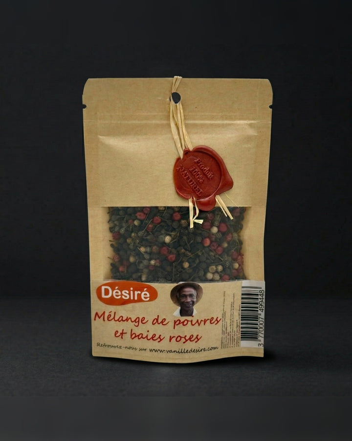 Mélange de Poivre Noir, Poivre Sauvage, Poivre Blanc et Baies Roses (sachet 50g)