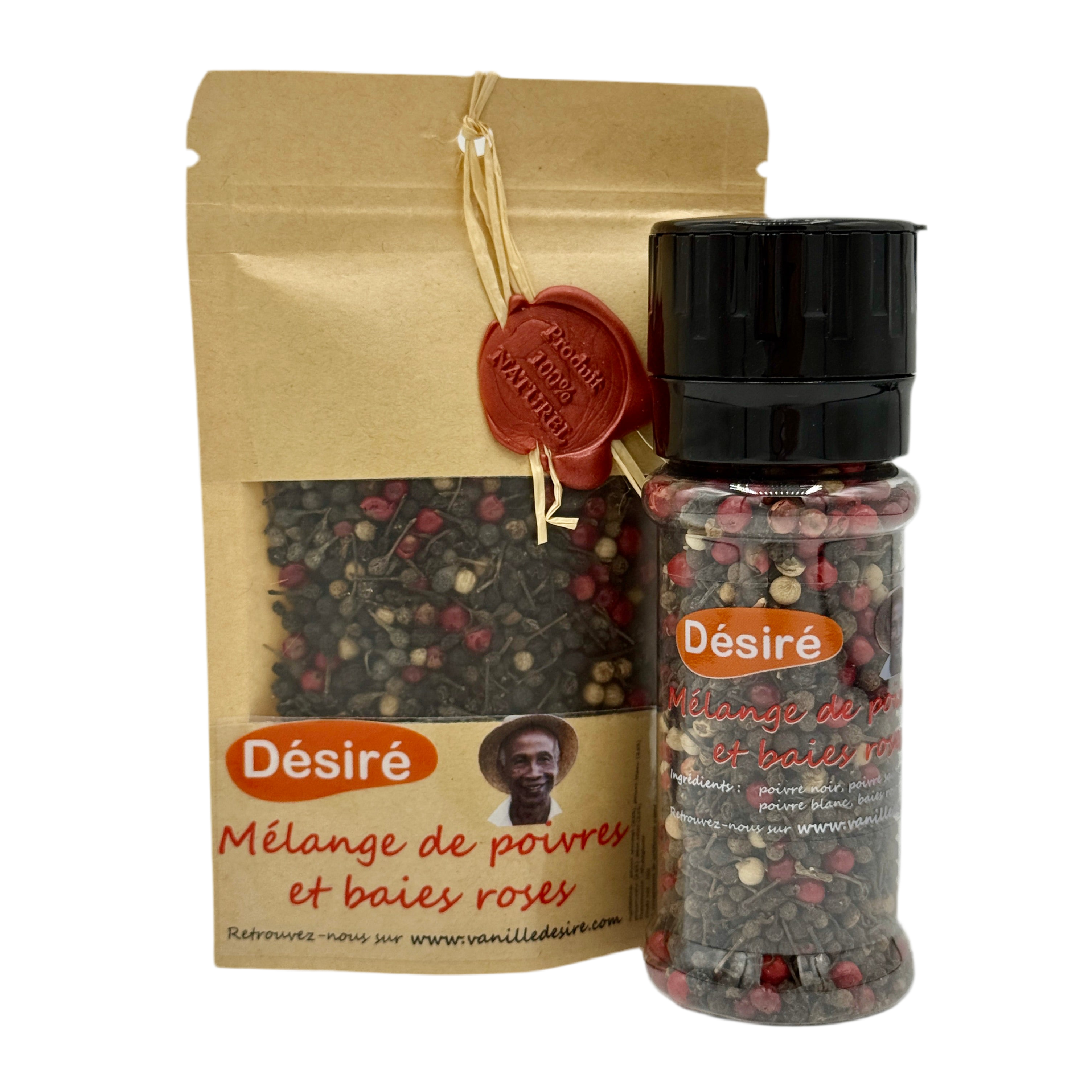 pack melange poivre sauvage blanc baies roses sachet-50g-moulin-50g - vanilledesire