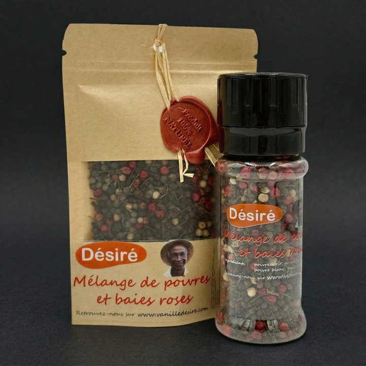 Mélange de Poivre Noir, Poivre Sauvage, Poivre Blanc et Baies Roses (sachet 50g + moulin rechargeable 50g)