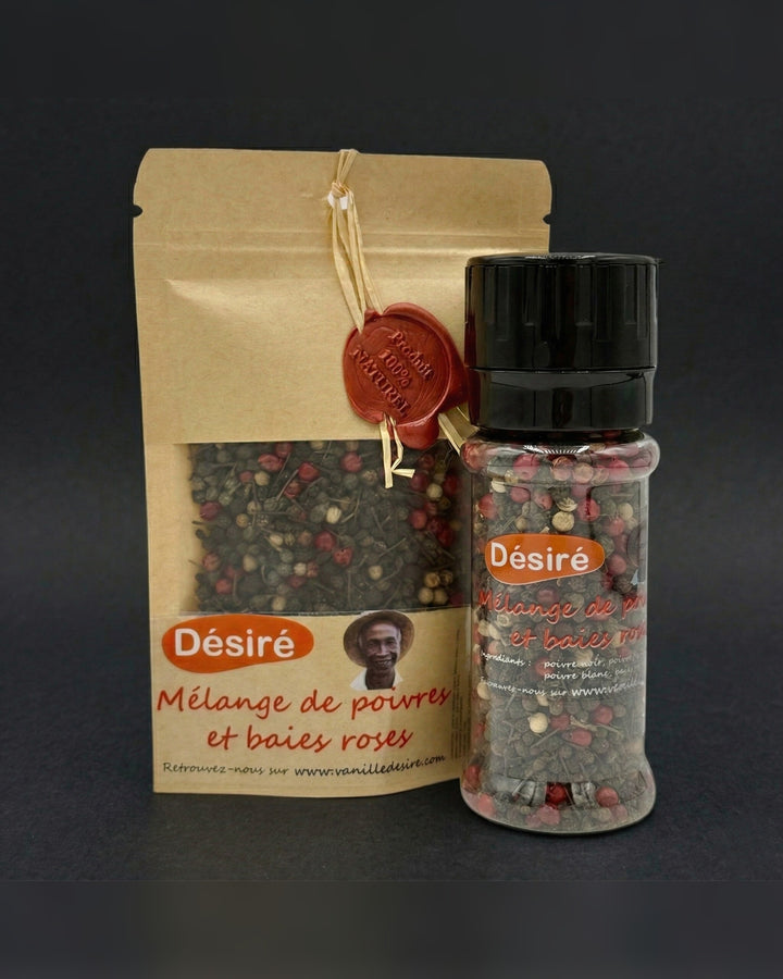 Mélange de Poivre Noir, Poivre Sauvage, Poivre Blanc et Baies Roses (sachet 50g + moulin rechargeable 50g)