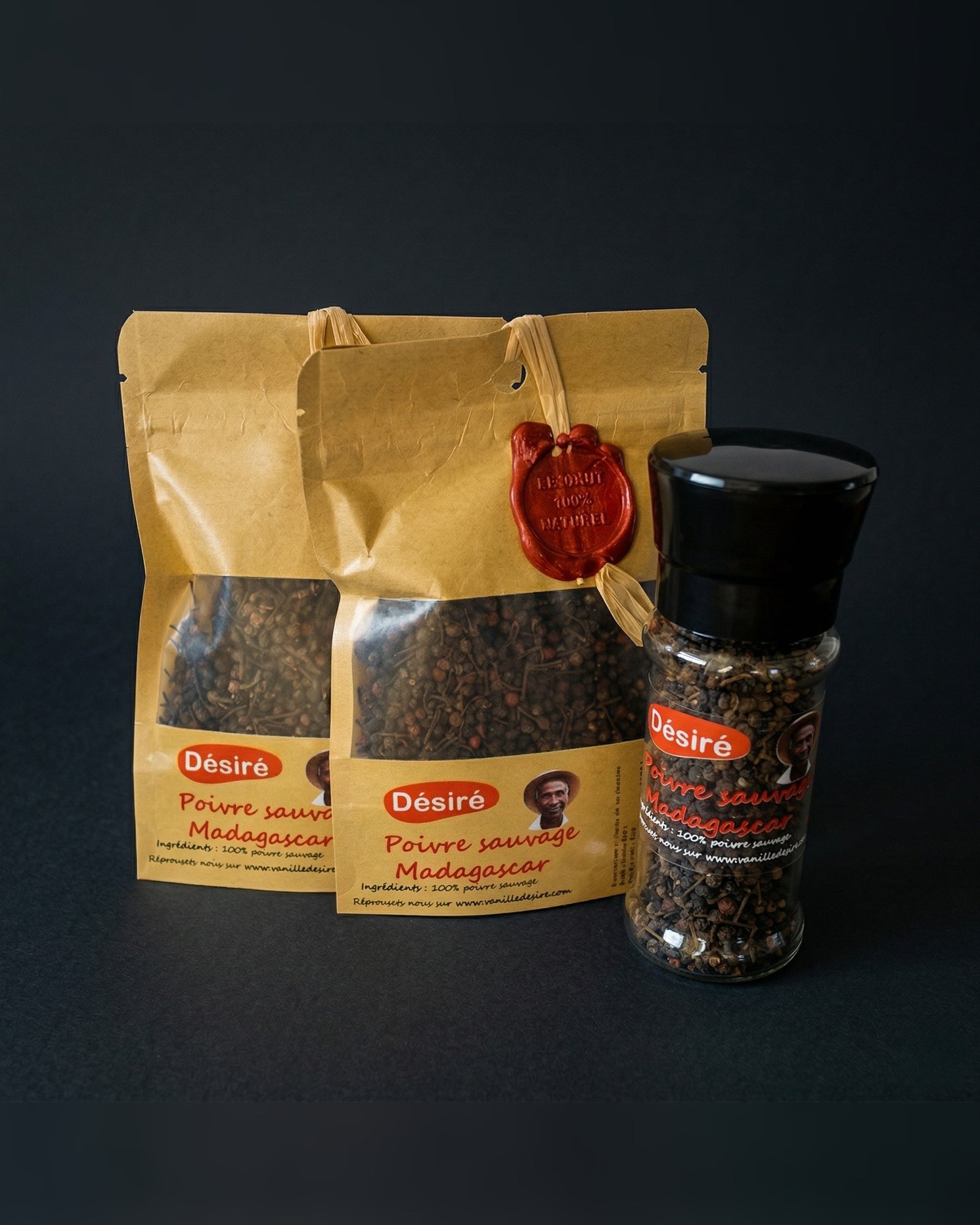 Poivre sauvage de Madagascar (2 sachets de 50g + moulin rechargeable 50g)