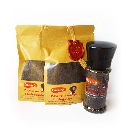 Poivre sauvage de Madagascar (2 sachets de 50g + moulin à épices rechargeable 50g)