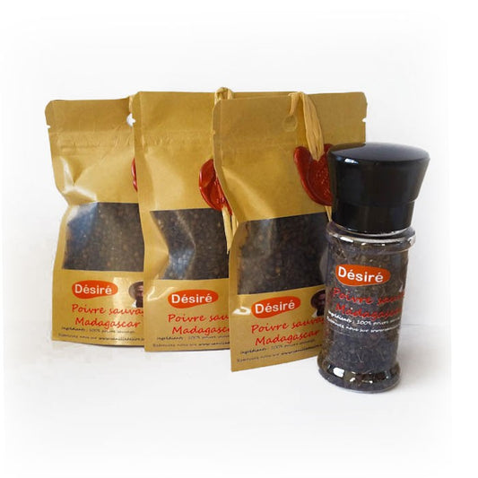 Poivre sauvage de Madagascar (3 sachets de 50g + moulin à épices rechargeable 50g)