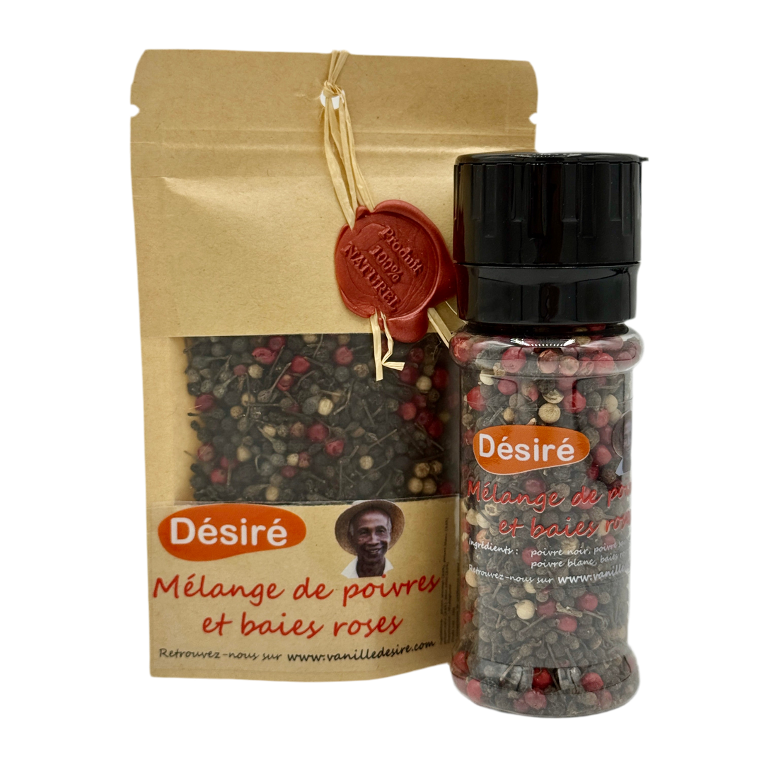 Mélange de Poivre Noir, Poivre Sauvage, Poivre Blanc et Baies Roses (sachet 50g + moulin rechargeable 50g)