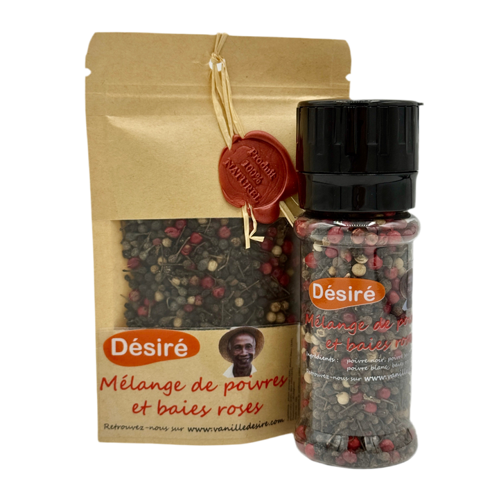 Mélange de Poivre Noir, Poivre Sauvage, Poivre Blanc et Baies Roses (sachet 50g + moulin rechargeable 50g)